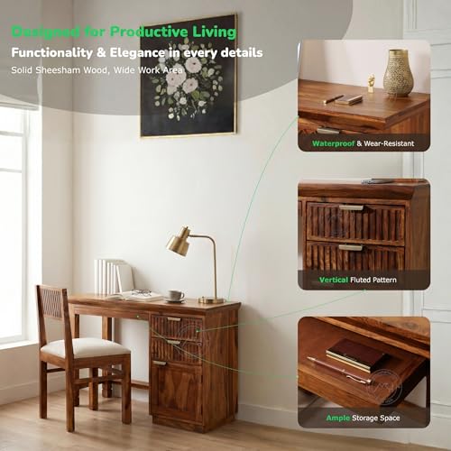 Image of NSH Solid Sheesham Wood Study Table with Chair | Wooden Writing Desk with Drawer & Door Storage | Pre-Assembled Computer Desk Workstation for Home Office & Study Room | Honey Finish