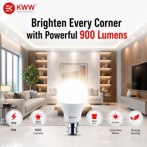 Image of KWW 9W LED Bulb B22 White | LED Bulb 9 Watt for Home | 9watt Led Kitchen Bulb | 900 Lumens | BIS Approved | Flicker Free | Eye Comfort | 240 Wide Angle | 1 Year Warranty