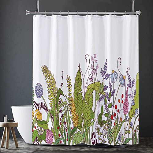 Nuseiis Plant And Flower Shower Curtain, Watercolor Farmhouse Floral Bathroom Shower Curtain, Fabric Waterproof Nature Wildflower Bathroom Curtain, 72 X 72 Inch #TOP1