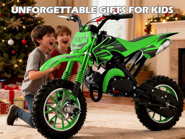 Image of 50cc Dirt Bike, 2 Stroke Gas Mini Bike for Kids 8-14 with Front Rear Disc Brakes, 10 Inch Off-Road Tires, Shock Absorption, Seat Height 23.6in, Max Speed 40mph, 2026 Upgraded, Green