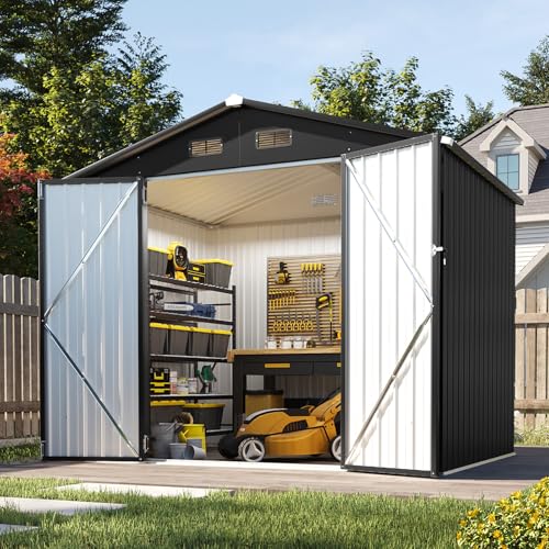 Aoxun 8×6ft Großes Gerätehaus aus Metall 235×171×196 cm, wetterfestes Gartenhaus mit Doppeltür & Satteldach, abschließbarer Geräteschuppen für Garten, Hinterhof, Terrasse
