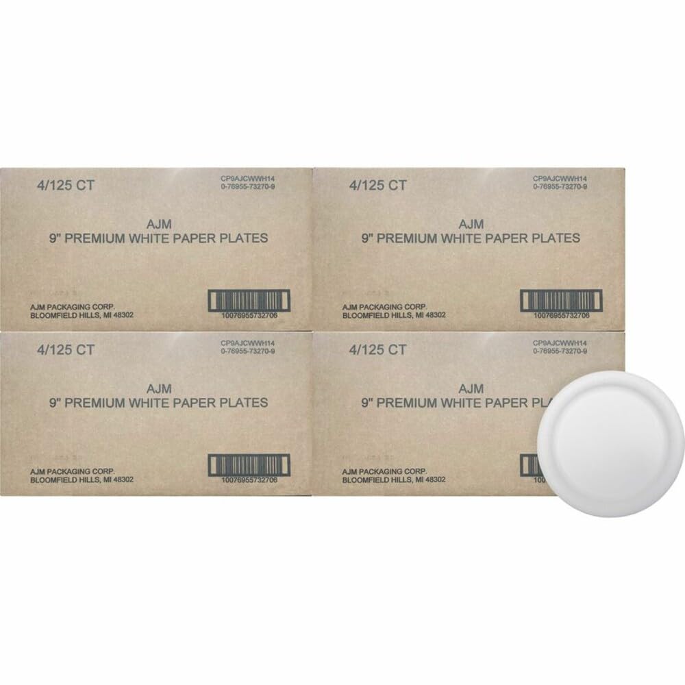 CP9AJCWWH14 9" Heavy Duty Coated Plate by AJM Packaging – 9 inches, Paper, White, Pack of 500, Model CP9AJCWWH1CT