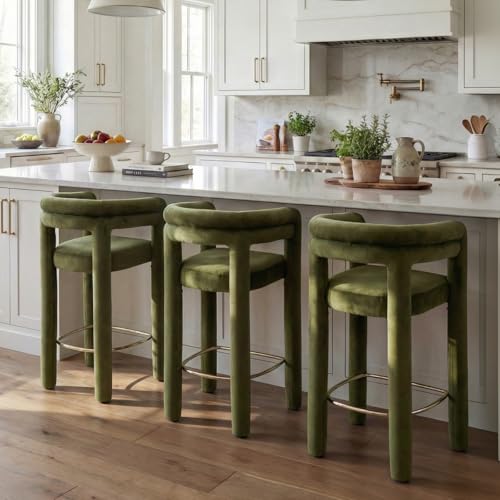 Hyfirm 26 Counter Height Bar Stools Set of 3, Velvet Fabric Upholstered Barstools with Back and Armrest, Modern Barrel Counter Stools for Kitchen Island, Green