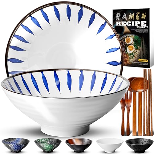 8 Pulgadas Juego De 2 Tazones De Cerámica Para Ramen De(9 Piezas) - Tazones Grandes De Porcelana Para Ensaladas Fideos Cereales Con Recetas Palillos Tenedores Y Cucharas Para Apto Para Lavavajillas