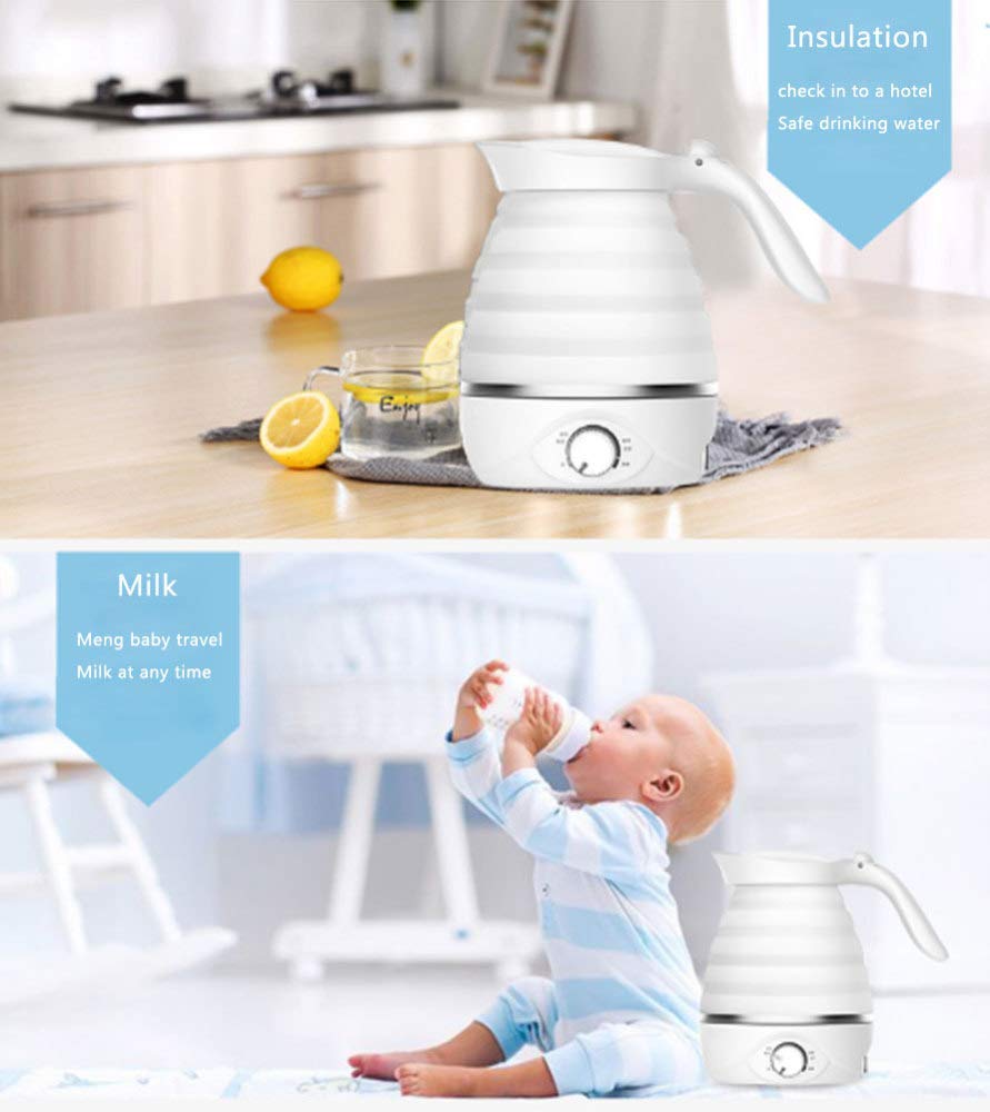 Reise-Wasserkocher Tragbarer, klappbarer Wasserkocher aus lebensmittelechtem Silikon mit Trockengehschutz Tragbarer Dual-Voltage- und abnehmbarem Netzkabel, 0,7 l, 850 W, Kostenlos, Weiß