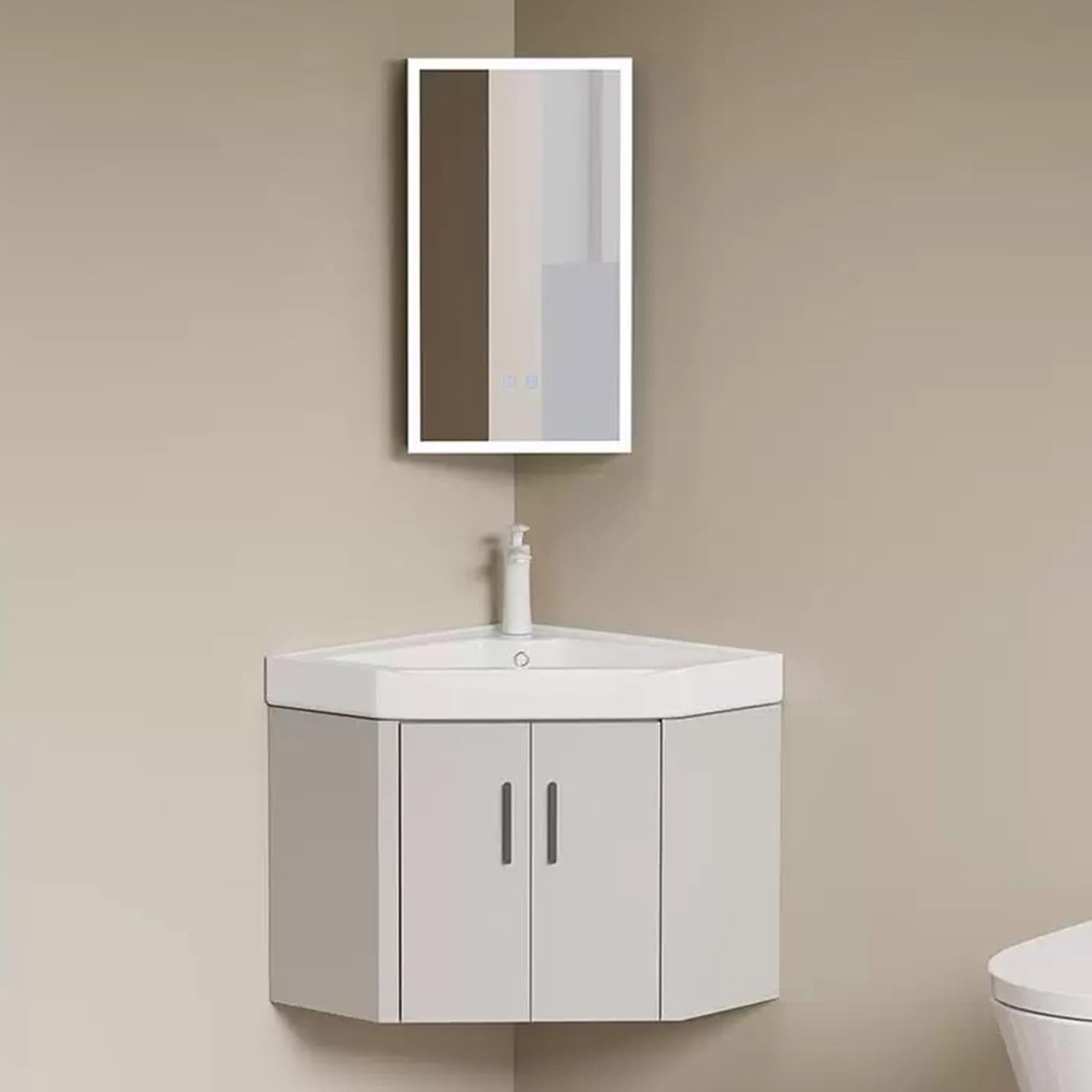 GLJTUO Corner Wall Mount Bathroom Sink with Storage Container and Mirror Gray Corner Ceramic Sink Vanity,One Color-With mirror