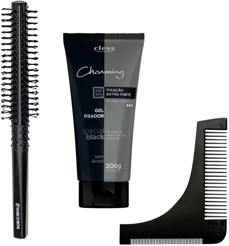 Kit Gel Fixador Extra Forte 200g com Escova Cilíndrica Antiestática 12mm Marco Boni e Pente Alinhador de Barba para Barbeiros e Estilo Masculino