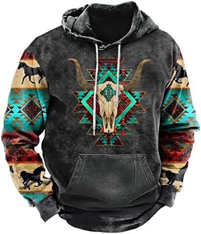 XIAXOGOOL Mens Hoodies Pullover,Mens Western Aztec Ethnic Print Sweatshirt Vintage Cow Print Hooded Pullovers