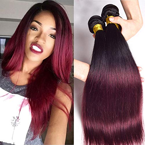 Ombre Bundles Cheap Burgundy Human Hair Bundle Dark Roots 1B/99J Hair 3 Bundles Grade 9A Burgundy And Black Bundles Brazilia Straight Bundles Wine Red Hair Extensions 10 12 14 Inch