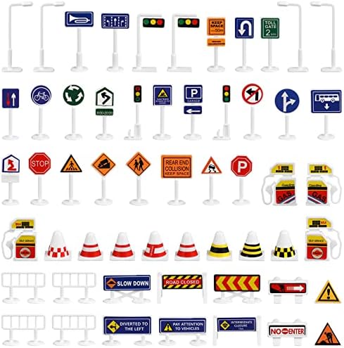 Kisangel 56Pcs Street Road Signs Playset Traffic Signs Playset Mini Electric Traffic Lights Toy Road Signs for Children Play(Mini Size)