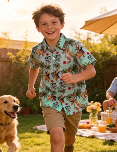 Image of Boys Hawaiian Shirt Kids Button Down Aloha Beach Hawaii Tops 5-14Y | Quick Dry, Breathable, Cooling & Lightweight, For Summer Vacation Holiday, Fourth of July, Youth, Teen, Shark, Dinosaur