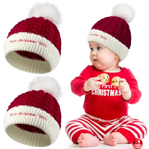 Image of Jiuguva 2 Pcs Baby First Christmas Hat 2025 Newborn Santa Knitted Pom Pom Hat Soft Infant Kid Hats for Kid Toddler Beanie