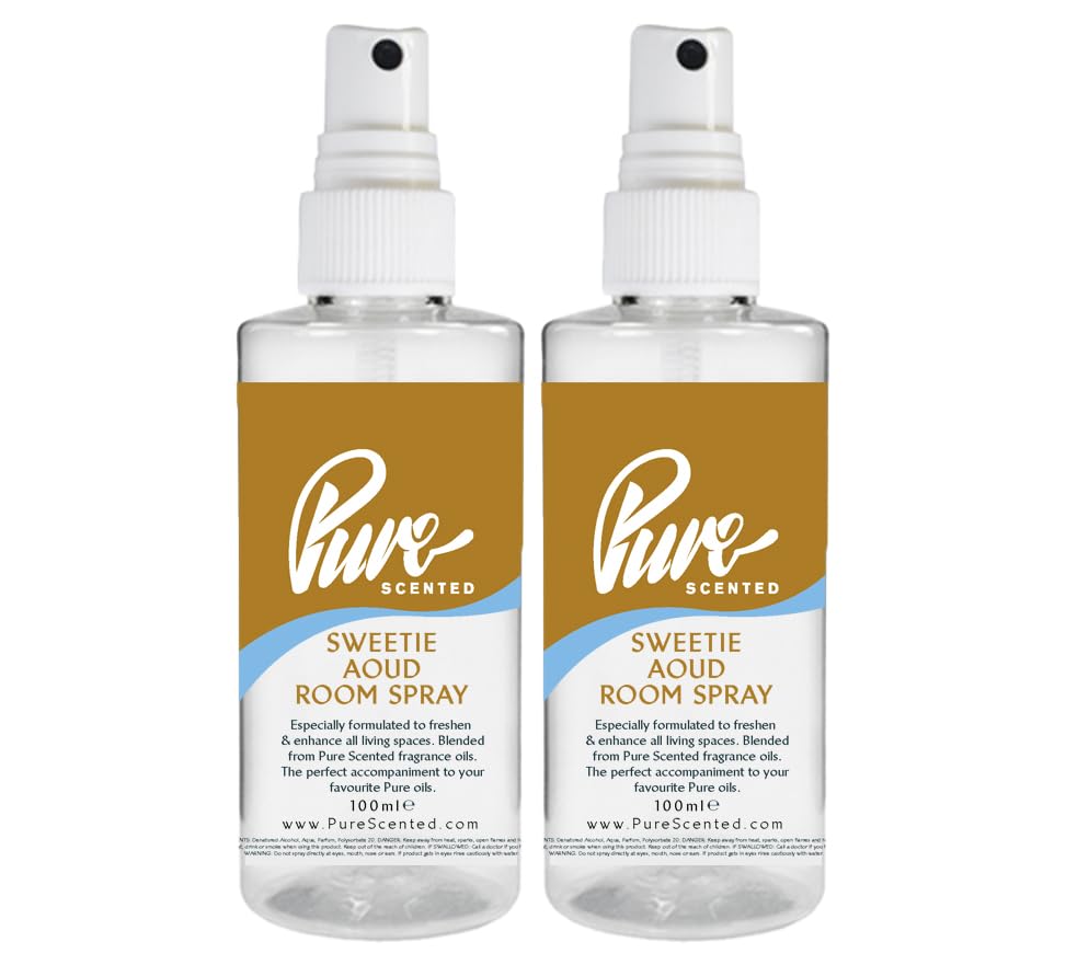"Pure Scented 200ml Room & Fabric Sprays 2 x 100ml Suitable For Home, Car, Caravan, Work, Gym Bags, Odour Eliminators (2 x 100ml, Sweetie Aoud)"