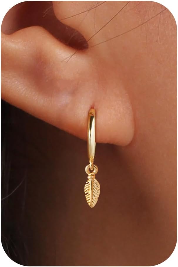 Huggie Earrings-14k Gold Plated Bee Feather Moon Star Leaf Cross Starfish Snakle Heart Shell Drop Huggie Hoop Earrings For Women