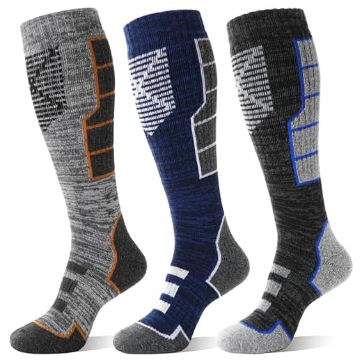 Anlisim Merino Wool Ski Thermal Unisex Socks for Men Women Winter Warm Thick Knee High Long Skiing Snowboarding Socks 3 Pairs Gift Stocking Stuffers (Blue Gray,L)