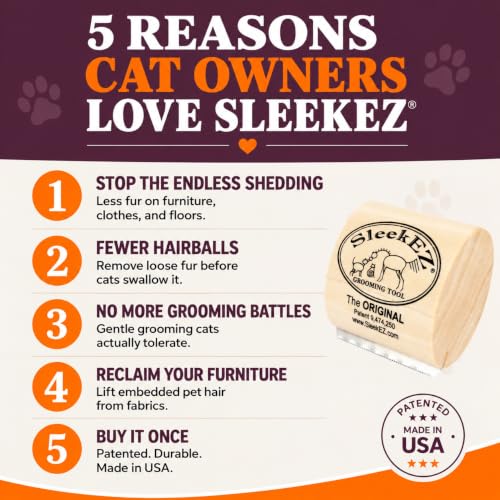 SleekEZ Cat Brush for Shedding - Deshedding Brush for Cats - Patented Grooming Tool for Removing Loose Fur, Undercoat & Hair - Made in USA - Works on Short, Medium & Long Coats