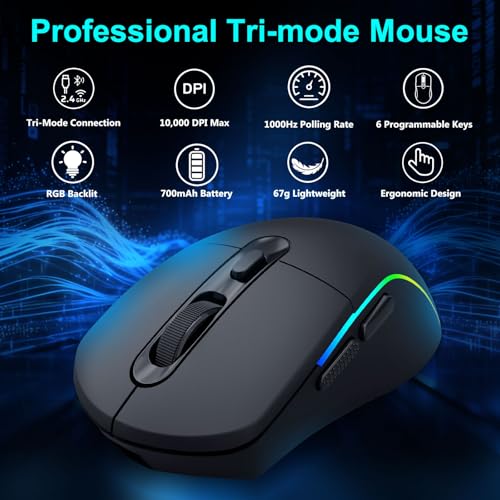 Image of E-YOOSO Wireless Gaming Mouse, 10,000 DPI, Tri-Mode 2.4Ghz /Bluetooth /USB-C Wired, RGB Backlit, 6 Programmable Buttons, Ergonomic Rechargeable Gamer Mice with PC, Mac, PS, Xbox - Black