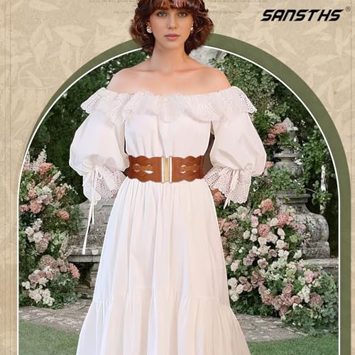 SANSTHS Vintage Stretchy Belt for Women, Womens Wide Elastic Belts for Dresses Coats, Fashion Womens Belts with Gold Buckle