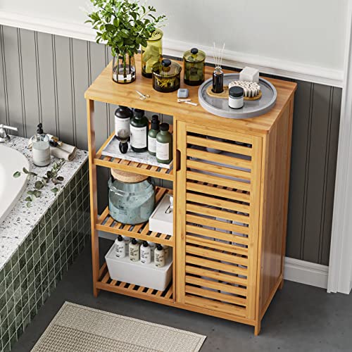 Viagdo Bathroom Cabinet Bamboo Storage Cabinet With Doors And 3 Side Shelves, Freestanding Floor Cabinet For Bathroom, Living Room, Bedroom, Hallway, Kitchen, Storage Organizer #TOP3
