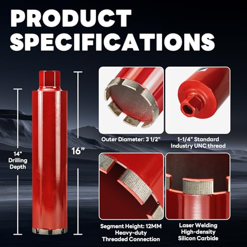 Image of Premium 3-1 /2 inch Wet Core Drill Bit for Hard Concrete with High-Density Diamond, 1-1 /4 inch-7 Thread x 14 inch Depth, Industrial Grade for Reinforced Concrete, Masonry, Brick, Pavers, Asphalt