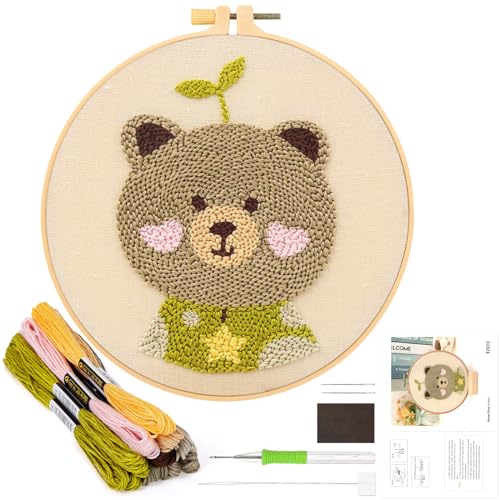 JSRQT Kits de Iniciación de Bordado de Aguja de Perforación,Kit de Aguja Perforadora Bordado,Kit de Arranque Punch Needle para Adultos Principiantes(Patrón de Osito)