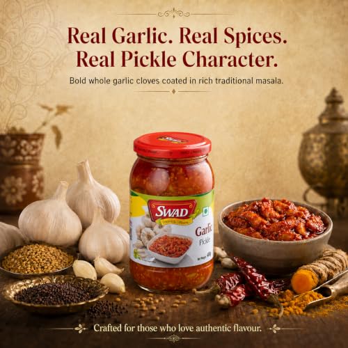 Image of SWAD Traditional Garlic Pickle Pack of 2 x 400g | Homemade Lahsun Achar | Authentic Indian Pickle | Spicy Garlic Condiment | Natural Ingredients | Ready to Eat