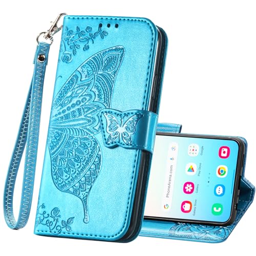 HAOTP for Samsung Galaxy S25 Edge Phone Case Wallet,Women Flip Folio Cover Credit Card Holders Emboss Butterfly Flower PU Leather Purse Wrist Strap Kickstand Case for Samsung Galaxy S25 Edge Blue - image 1