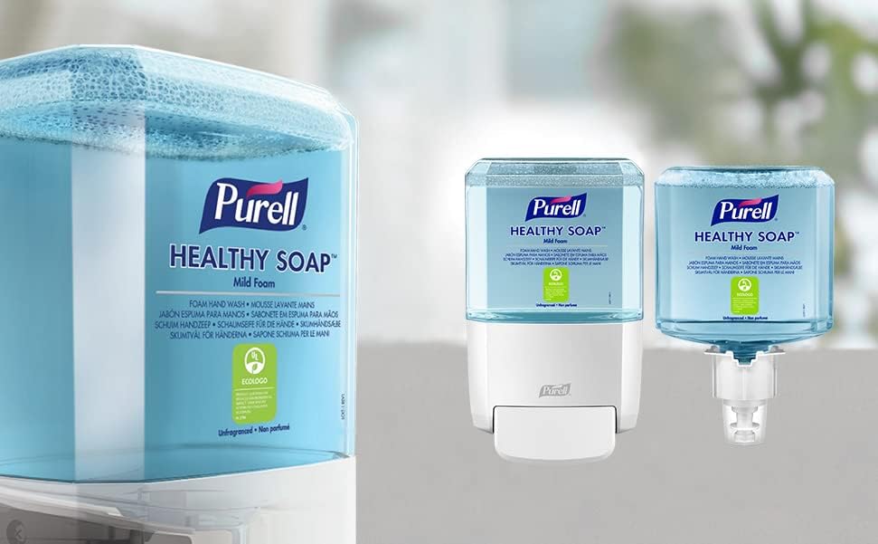 PURELL ES4 PUSH-STYLE SOAP DISPENSER & PURELL HEALTHY SOAP Mild Foam Refill Starter Kit, White, 1200mL. Manual soap dispenser with exceptionally mild foam hand soap. Helps wash away dirt and germs