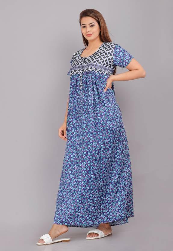 Image of Women Flower Printed Casual Wear Cotton Nighty - Gown-MFNT5014