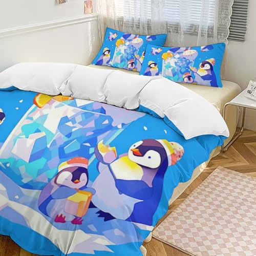 Parure de lit 135x200 pingouin en microfibre douce avec fermeture éclair pour enfant