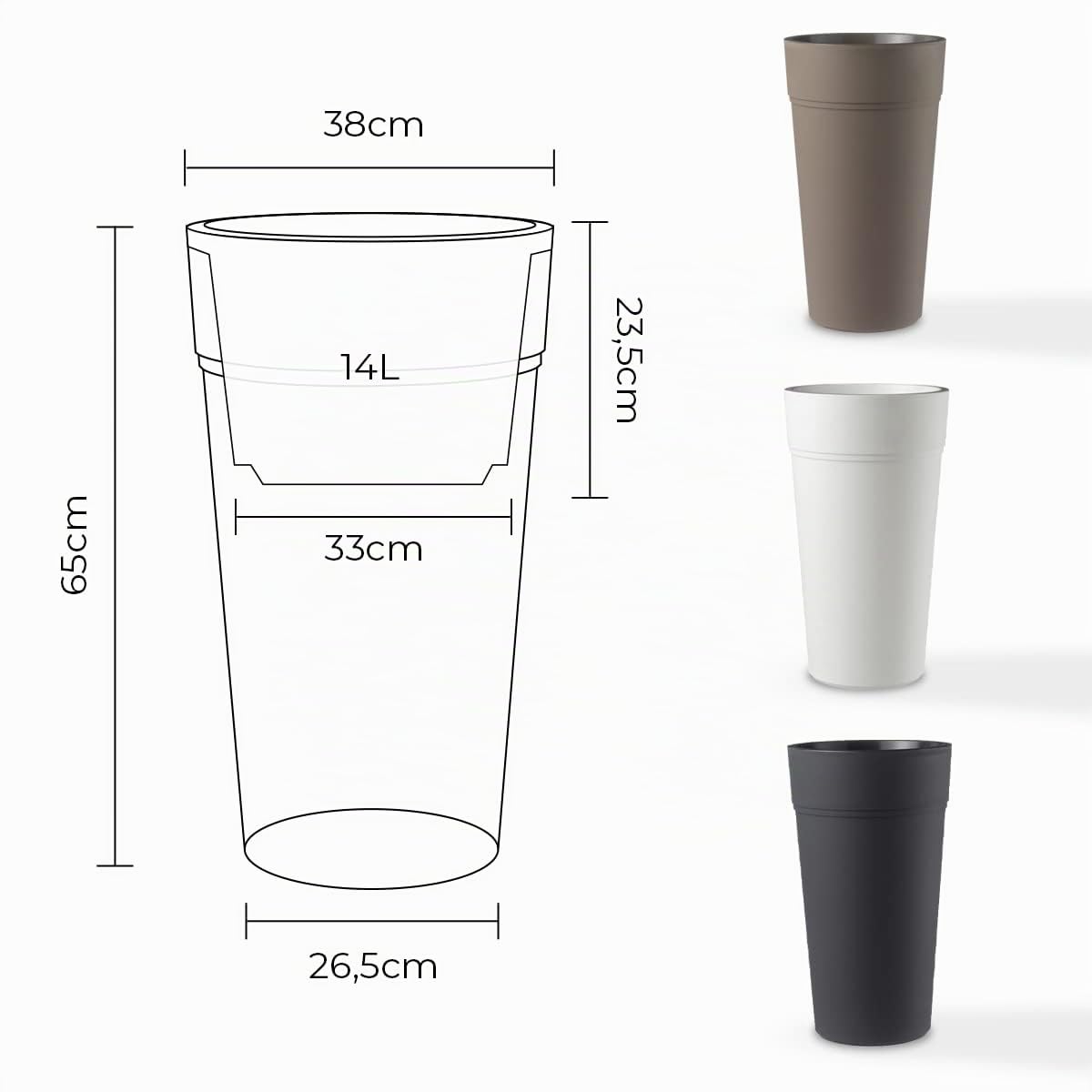 Teraplast Stem Altezza 65cm - Vaso Alto Da Esterno E Da Interno In Plastica Opaca, Colore Antracite, 100% Riciclabile Con Riserva D'Acqua. Portavaso Alto A Base Circolare.