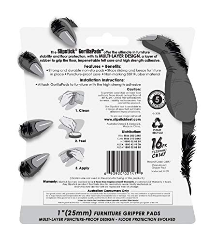 Slipstick Gorillapads Cb147 Non Slip Furniture Pads/Gripper Feet (Set Of 16) Self Adhesive Rubber Floor Protectors, 1 Inch Round, Black #TOP1