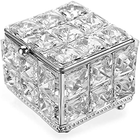 ELLDOO Crystal Jewelry Box Square Trinket Organizer with Lid Earrings Rings Vintage Treasure Keepsake Box for Valentine Wedding Dresser Bedroom Decoration, Silver