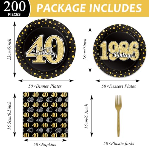 Image of 40th Theme Bithday Party Tableware Vintage 1986 Party Supplies 40 Year Old Birthday Decorations Plates Napkins Forks Black and Gold Dinnerware Favors for Men or Women