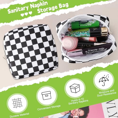 Image of Sanitary Pad Storage Bag Portable Period Bag for Teen Pads /Sanitary Napkins /Small Tampons, Sanitary Napkin Storage Bag First Period Gifts for Teen Girls (Black-white Check)