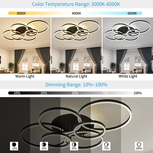 Qiyimeilux Modern Led Ceiling Light 130W Dimmable Ceiling Light Fixtures With Remote Control 7 Rings Flush Mount Ceiling Lamp Black Ceiling Chandelier For Living Room,Dining Room,Kitchen,Bedroom #TOP1