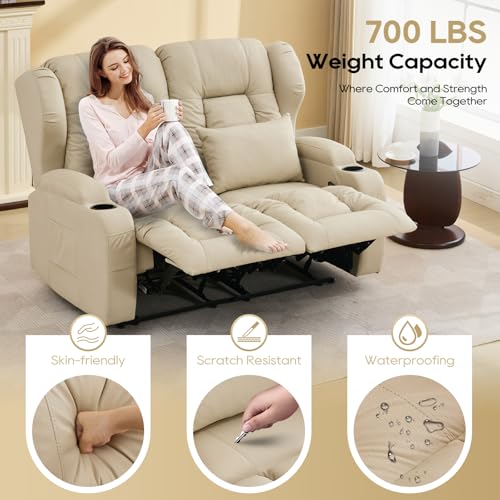 Image of IPKIG 54.2 inch RV Loveseat Recliner Sofa, Leathaire Fabric Wall Hugger Reclining Chair with Cup Holder and Side Pockets, Home Theater Seating Manual Recliner for Living Room (Beige, Loveseat)