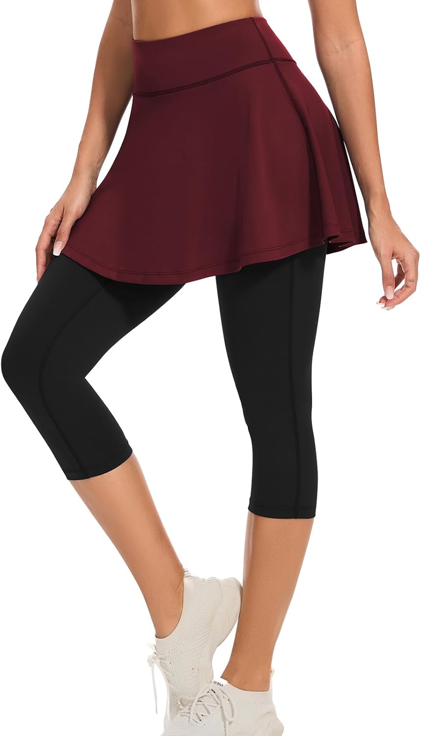 WOWENY Tennis Skirted Leggings for Women Athletic Skirt with Capri Leggings Golf Pickleball Yoga Legging with Skirts Pockets
