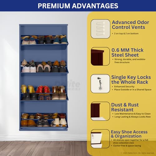 Image of Delite Kom 24 inch Wide, 8 Shelf Metal Shoe Rack Wall Mounted for Home with Central Lock | Holds Upto 24 Shoes or 40 Slippers Pair | Double Decker, 1 Yr Warranty, (54x24x8 inch, Graphite Grey)DIY, Space Saver