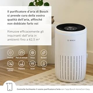 Bosch Air 4000i - Purificatore d'aria intelligente - Copre 62,5 m² - Filtra efficacemente oltre il 99% degli inquinanti - Modalità Auto/Sleep (< 25 dB(A)) - CADR: 300 m³/h - Connettività display e app