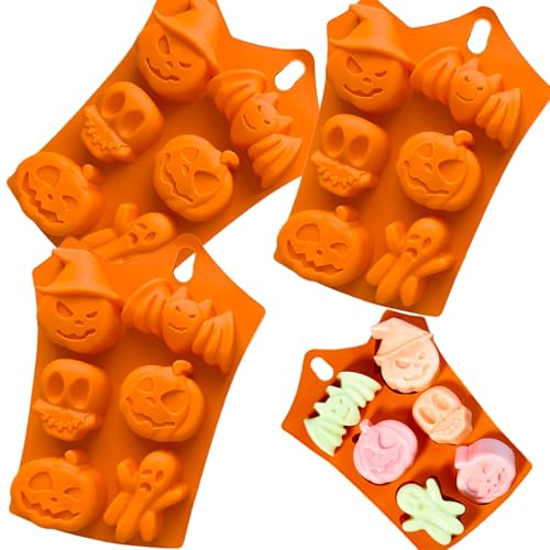 BOOSHMall 3 pezzi Stampi in silicone per Halloween, Silicone Muffin Sapone Handmade, Zucca e Fantasma Stampi, per Cubetti di Ghiaccio,Biscotti,Budino,Cioccolato,Sapone(Colore Arancione)