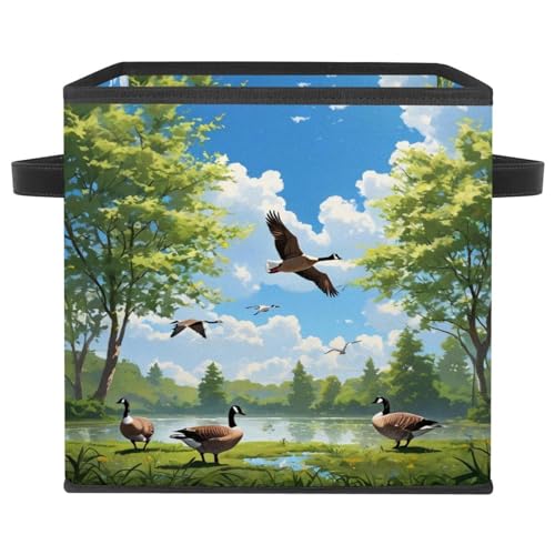 Boîte de rangement pliable cube avec poignées cuir motif oies - 2