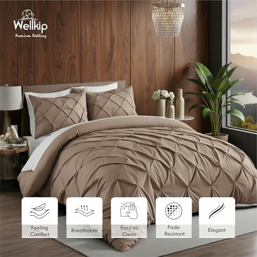 Image of Pinch Pleated Duvet Cover Set 1000TC 100% Cotton Premium 3-Pieces 1-Duvet Cover & 2-Pillow Cover Luxury Look Home and Hotel Zipper & 8-Tie Closure (Taupe, Super King 100 X 108 Inch)