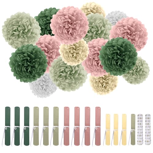 16 Pièces Pompons en Papier de Soie Vert Sauge, Pompons en Papier Verts Olive Sauge, Fleur Pompon...