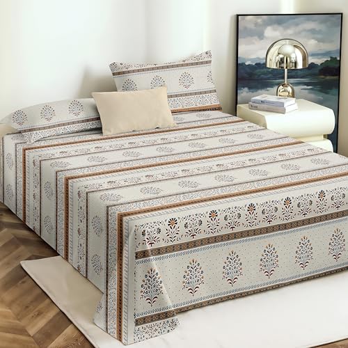 Image of VOMZER King Size (90x100) 300 TC Soft Cotton Feel Microfiber Flat Double Bedsheet with 2 Pillow Covers | White Jaipuri
