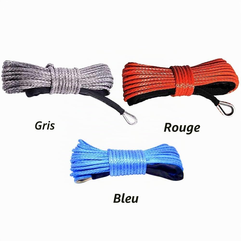 Faderr Corde de treuil synthétique de 6 mm x 15 m avec gaine pour ATV, UTV, SUV, camion, bateau - Rouge, Bleu, Gris - Polyéthylène à poids moléculaire ultra élevé - 3492,7 kg