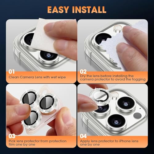 Image of CLITZ for iPhone 16 Pro /16 Pro Max Camera Lens Protector Bling Individual Metal Diamond Ring 9H Hardness Scratchproof Protector, Stylish Phone Accessories, Case Friendly (Silver Diamond)