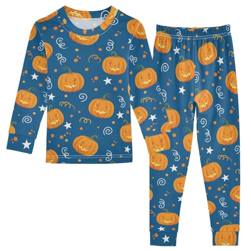 Pajama Sets Long Sleeve Pumpkin Stars Swirls Blue Background Soft Comfy Sleepwear 2 Piece PJS 3-8T