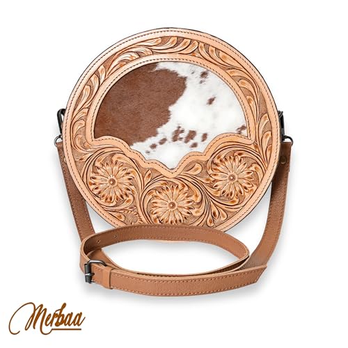 western Handtooled Cowhide Hairon Canteen Crossbody bag with Adjustable Detachable Leather Strap,Antique dye finish2