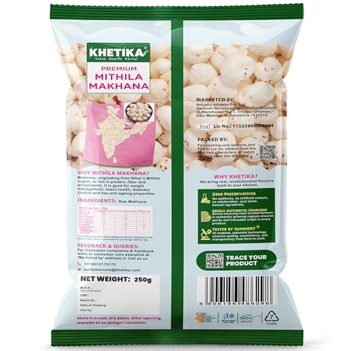 Image of Khetika Mithila Makhana 250g | Fit for Fasting, Dry Fruits in Fresh, Raw Foxnut, Phool Makhana for Prasadam, Premium Lotus Seeds, Rich in Calcium, Natural & Crunchy, Direct from Farm (Pack of 3)